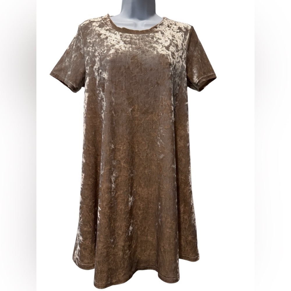 Cotton Bleu Crushed Velvet Swing Dress Small Taupe Beige Short Sleeve Boho